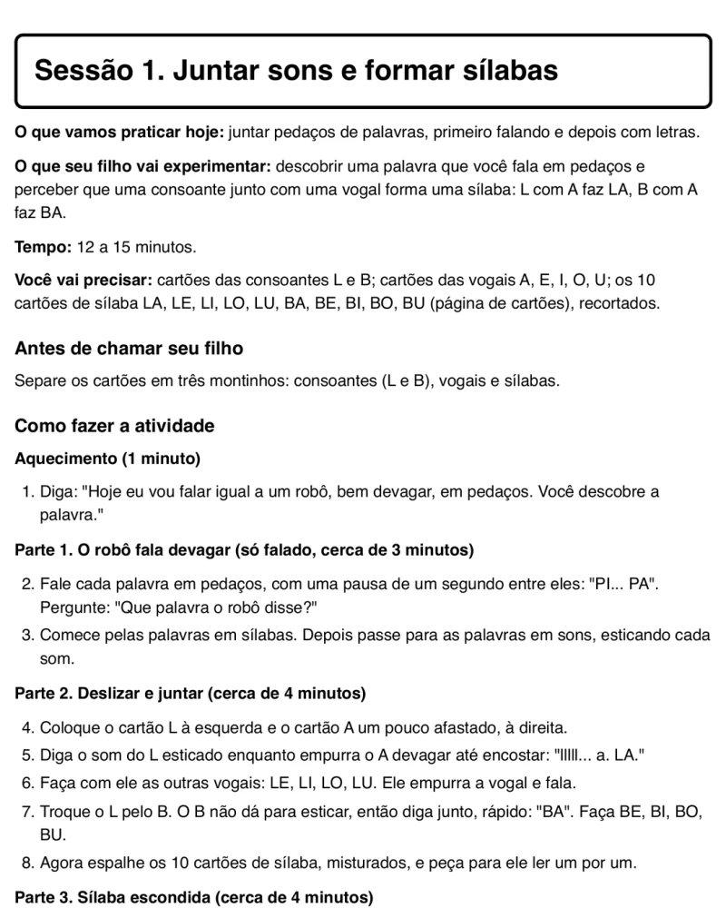 Página da Sessão 1 do Caminho B com tempo, material e passos
