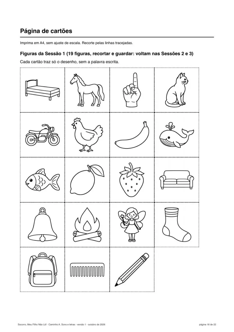 Página de cartões com figuras do Caminho A, Sons e letras