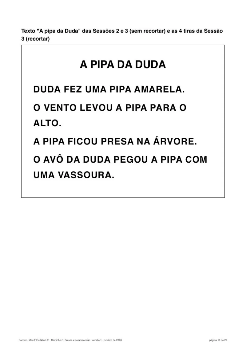 Página do texto A pipa da Duda, em letra grande, do Caminho C, Frases e compreensão