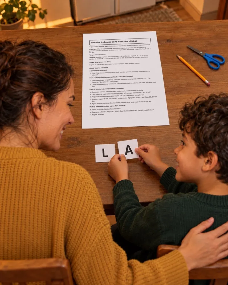 Mãe sorrindo ao lado do filho, que junta os cartões das letras L e A na mesa, perto da página impressa da Sessão 1